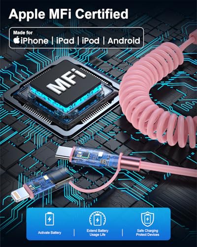 4-in-1 Retractable Lightning & USB-C Charging Cable – 60 W Fast Charge Compatible with i Phone 6-16, Perfect for Car Play and On-the-Go Power Solutions, Durable Coiled Design, 4 FT Tangle-Free Cable for Effortless Charging and Ultimate Convenience in Black