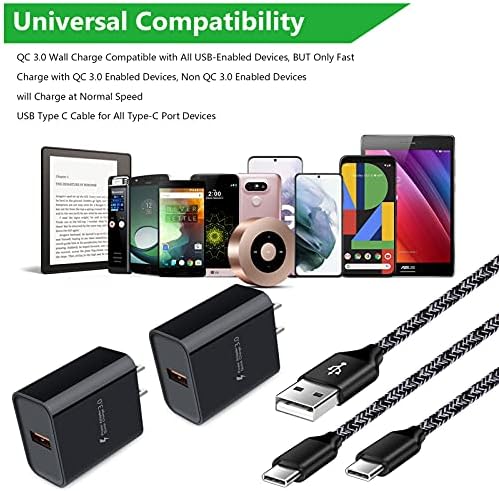 Rapid 18 W Quick Charge 3.0 Wall Charger for LG Devices – Ultra-Fast USB C Charging Solution with Two 6 FT Cables for Stylo, V, G Series, and Velvet – Compact, Safe, and Perfect for On-the-Go Power Needs