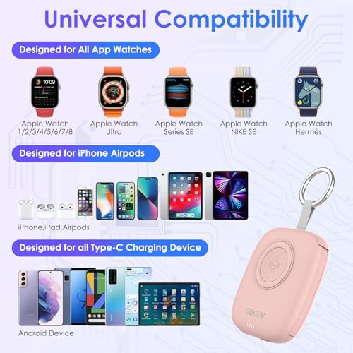 Compact 5000 m Ah Portable Charger with Built-in Cable – Keychain Power Bank for Apple Watch and i Phone – Fast Wireless Charging for Apple Watch 9/Ultra2/8/7/6/SE/5/4/3, Compatible with i Phone 15/14/13/12/11 & Android Devices – Ultimate Travel Accessory for On-the-Go Power