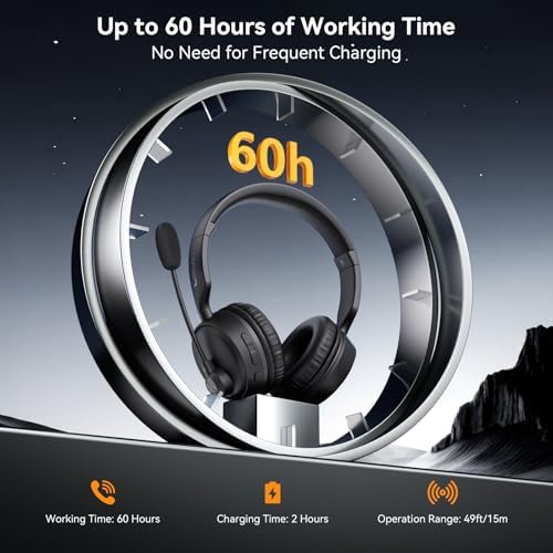 LEVN Professional Wireless Bluetooth Headset with AI Noise Cancellation – 60 Hours of Uninterrupted Battery Life, Effortless Dual Device Pairing, and Mute Functionality for Ultimate Call Clarity – Ideal for Laptops, Smartphones, and Busy Call Centers – Ergonomically Designed for All-Day Wear and Comfort