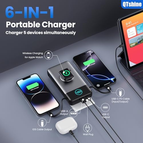 Ultimate 40800 m Ah Portable Power Bank – All-in-One Charging Solution with Built-in Cables, Wall Plug, and Apple Watch Charger – 6-in-1 QC4.0 25 W USB-C Fast Charging for i Phone 16/15/14, Galaxy & More – LCD Display for Real-Time Battery Monitoring and Enhanced Compatibility
