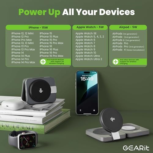 GEARit Ultra-Fast 3-in-1 Wireless Charging Hub – Qi2 Mag Safe Stand for i Phone 15, 16 Pro, Apple Watch, and Air Pods – Multi-Device Compatibility for Seamless Charging at Home or On the Go – Sleek Design with LED Status Indicators and Non-Slip Base