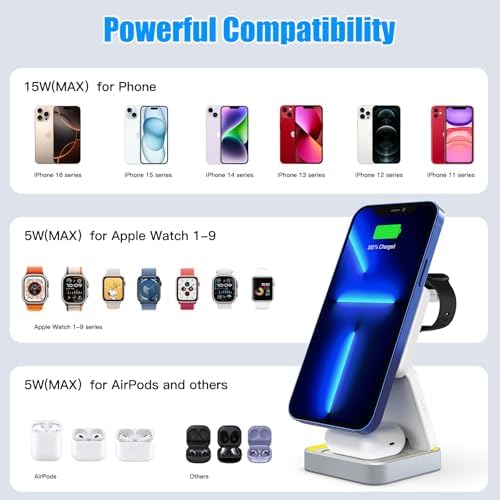 Efficient 3-in-1 Wireless Charging Dock for i Phone 16/15/14, Apple Watch, and Air Pods – Rapid Charge Station with 1.5 M USB Cable in Sleek Black – Streamline Your Charging Experience and Maximize Productivity