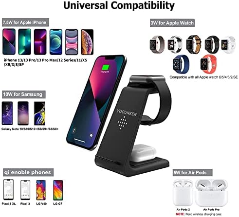 YOCUNKER 3-in-1 Qi Wireless Charging Dock – Efficient Space-Saving Solution for i Phone 14/13/12/11 Pro Max, Apple Watch Series 7/SE/6/5/4/3/2 & Air Pods 3/Pro/2 – Fast, Reliable Power with Enhanced Safety Features – Streamline Your Charging Experience and Declutter Your Workspace with This Sleek, Compact Design