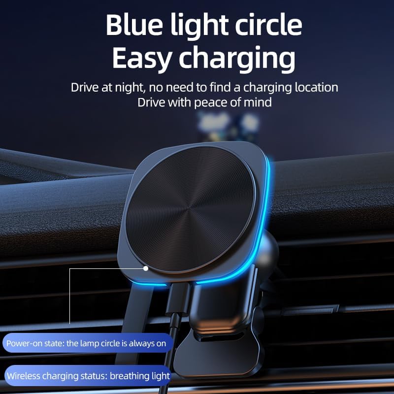 15 W Fast Magnetic Wireless Car Phone Mount for i Phone 12-15 Series – Sleek Automotive Charger Holder with One-Handed Operation and Blue Light Indicator for Safe Navigation and Quick Power-ups – Essential Driving Accessory