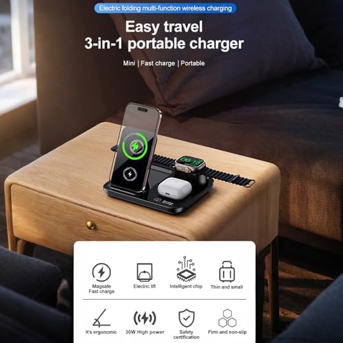 Revolutionary 3-in-1 Wireless Charging Station with Auto-Rising Technology – 15 W Fast Charge for Phones, Smartwatches, and Earbuds – Ultra-Slim Foldable Design for Maximum Portability – Military-Grade Safety Features and Strong Magnetic Hold for Seamless Charging – Perfect Companion for Business Travelers and Tech Enthusiasts