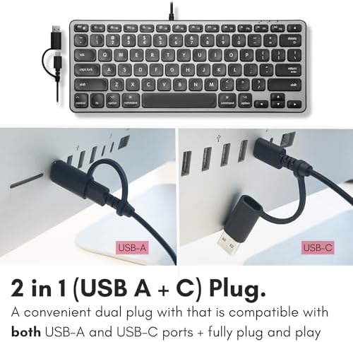 Elevate Your Workspace with the Macally Compact Keyboard for Mac – Sleek 78-Key Wired Design with USB Hub (3 Ports) for Ultimate Versatility – Perfect Apple-Compatible Accessory in Stylish Silver Finish for Enhanced Productivity and Seamless Connectivity