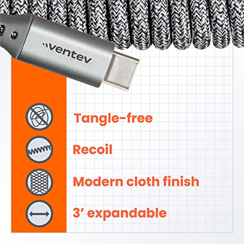 Ventev Helix 14-Inch Expandable i Phone Charging Cable | Tangle-Free Coiled USB-A to Lightning Cord | MFi Certified Fast Charger for Seamless Car Use | Durable Gray Design for Enhanced Compatibility and Efficiency
