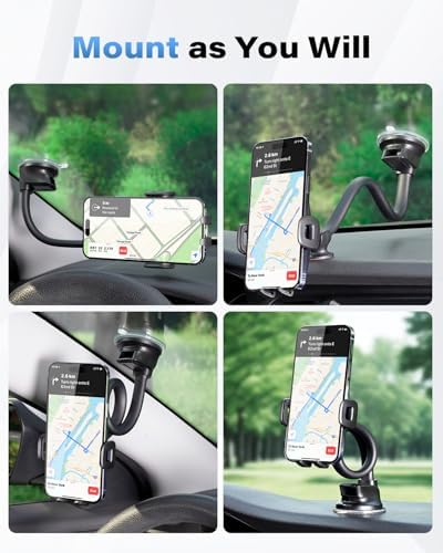 Ultimate 14-Inch Gooseneck Car Phone Mount Holder with Industrial-Strength Suction for Windshield Stability – Hands-Free Universal Cell Phone Holder Compatible with i Phones and Androids for Safe Navigation and Entertainment