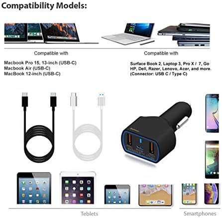 High-Power 120 W USB-C Car Charger for Laptops – Fast Charging Compatible with Mac Book Pro, HP, Dell, Razer, and Surface – Dual USB QC3.0 Output, 12 V-24 V Auto Power Supply with 59-Inch Cables – Reliable Vehicle Charger for On-the-Go Efficiency