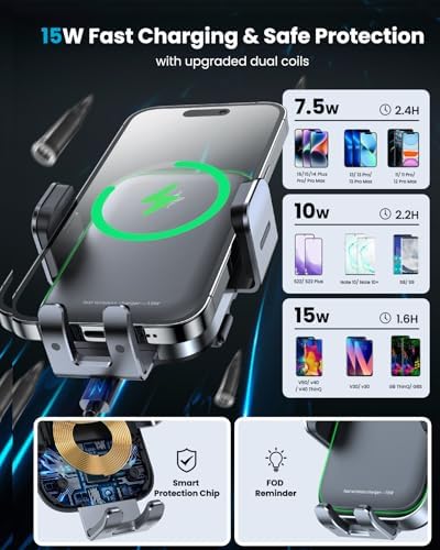 APPS2 Dual Coil Wireless Car Charger with Auto Clamping – 15 W Fast Charging Cup Holder Phone Mount with Tri-Pivot Height Adjustment for i Phone 16/15/14/13 & Samsung Devices – Premium Convenience & Enhanced Compatibility for Drivers