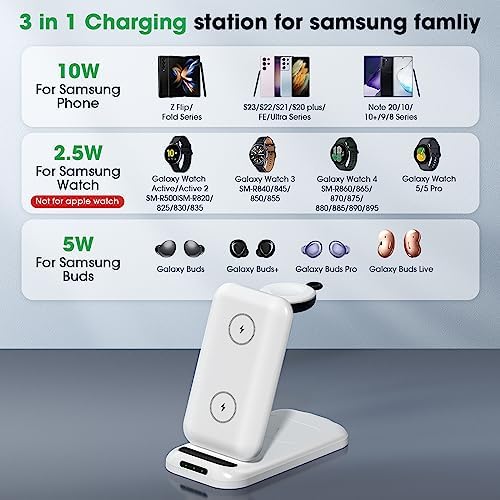 Samsung 3-in-1 Wireless Charging Station for Galaxy Devices – Fast Charge Your S23, S22, S21, Note 20, and More with Integrated Watch and Buds Support (White) – Sleek, Compact Design with Safety Features and Adapter Included