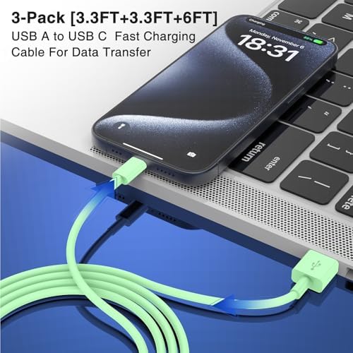 3-Pack Black [3.3FT+3.3FT+6FT] USB A to USB C Cable，USB to USB C Car Carplay Cable for iPhone 16 15 Pro Plus Pro Max，for iPad Pro/Air/Mini，for Samsung S24/S23/S22，for MacBook Pro/Air and More – Enhanced Compatibility and Speed
