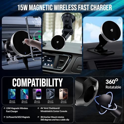 Elevate Your Commute with the Magsafe Car Mount Charger – Fast Wireless Charging and 360° Rotation for Ultimate Convenience | Magnetic Phone Holder for i Phone 16/15/14/13/12 | Three Durable Mounts for Unmatched Stability and Seamless Integration | Compatible with Mag Safe Cases for Reliable Power on the Go