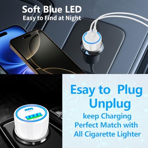 Rombica 105 W MFi Certified Dual USB-C & USB-A Fast Car Charger for i Phone 16 Pro Max – Ultimate Portable Power Solution with 6 FT Coiled Type-C Cable for Rapid Charging on the Go, Perfect for Road Trips and Daily Commuting