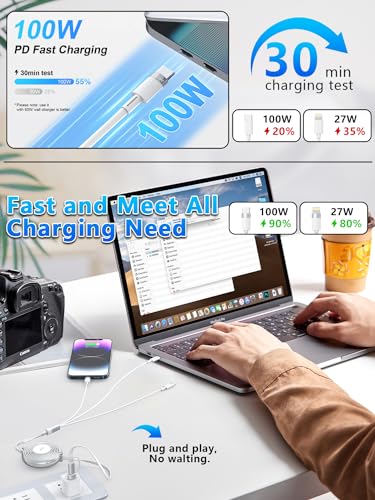 Versatile 3-in-1 Retractable Multi Charging Cable – 100 W USB-C Fast Charger for i Phone 15, 14, 13 & Samsung Devices – Stylish 4 FT Tangle-Free Cord in Elegant Pink – Essential Travel Companion for Quick Charging and Enhanced Compatibility