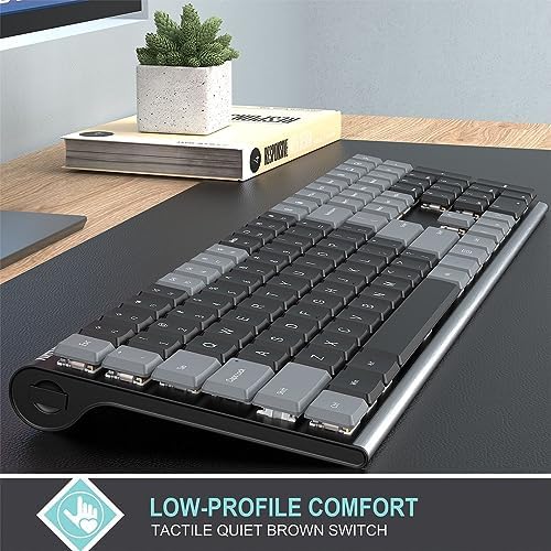 Experience Unmatched Typing with the Arteck Wireless Mechanical Keyboard – Quiet Brown Switches & Rechargeable Battery for a Clutter-Free Workspace on PC, Laptop, or TV – Sleek Low-Profile Stainless Steel Design for Windows 11/10 Users