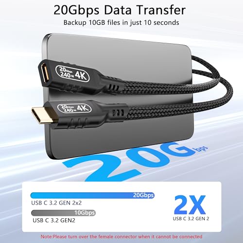 10 ft USB C Extension Cable – High-Speed 20 Gbps Data Transfer, 4 K Video Support & 240 W Power Delivery – Ideal for Thunderbolt 3 Devices, Perfect for Home Office and Gaming Setup – Durable, Flexible Connectivity for Enhanced Performance