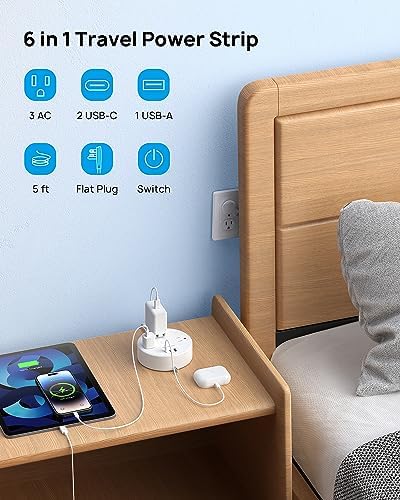 Compact TROND 20 W USB-C Travel Power Strip – Retractable 5 ft Extension Cord with 3 AC Outlets for Fast Charging, Perfect Cruise Ship Essential, Ultra-Thin Flat Plug for Home & Dorm Use – Stay Organized & Connected Anywhere