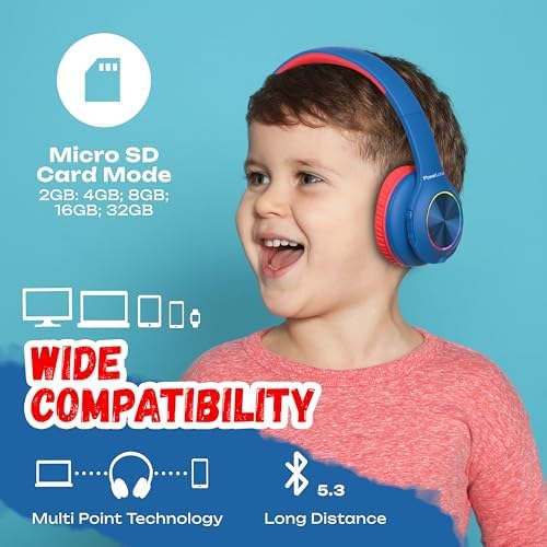 Vibrant Power Locus PLED Kids Bluetooth Headphones – Safe Volume Control (74/85/94 d B), Fun LED Lights, Hi-Fi Sound, Built-in Microphone & Multi-Connectivity for Travel, Learning & Play – Perfect Over-Ear Design for Children