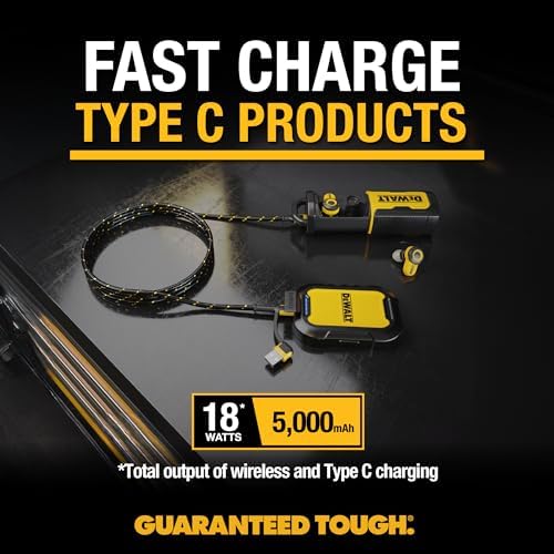 DEWALT Rugged Magnetic Power Bank 5,000 m Ah – Fast Wireless Charger with 18 W Output, Water-Resistant Design, USB-C to USB Adapter Included for i Phone 16/15/14 Compatibility – Ultimate On-the-Go Power Solution for Outdoor Enthusiasts and Tech Users