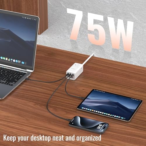 NENJI 75 W Ga N USB-C Super Fast Charging Station – 8-in-1 Power Strip with 5 USB Ports & 3 AC Outlets for Ultimate Device Compatibility – Smart Charging Technology for i Phone, Samsung, i Pad, Mac Book – Compact Travel-Friendly Design for Home or Office Use – Optimize Your Charging Efficiency and Speed