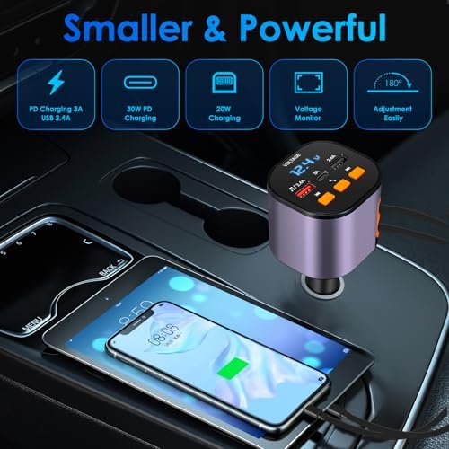 Ultimate 5-in-1 Fast Car Charger with Bluetooth 5.3 FM Transmitter – 90 W Retractable Charging Hub for i Phone 15/14/13 – Hands-Free Calling and Dual USB Ports for Seamless Connectivity and Quick Charging – Compact Black Design for Enhanced In-Car Experience