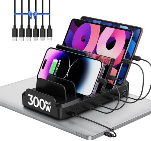 High-Power 300 W Multi-Device Charging Station: 8-Port USB-C Fast Charger Dock with 6 Cables for Mac Book, i Phone 16/15/14/13/12, Samsung, Pixel & i Pad – Sleek White Design for Ultimate Efficiency and Versatility