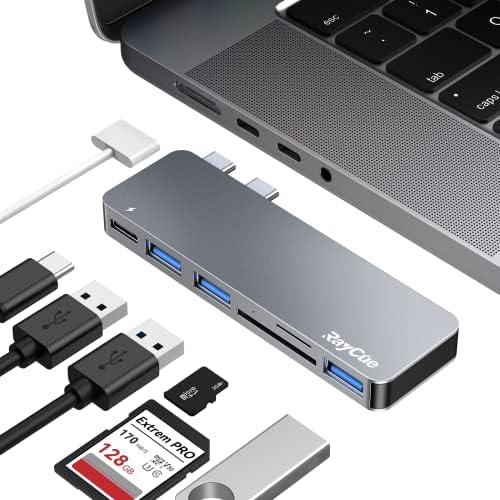Transform Your Mac Book Experience with Ray Cue 6-in-2 USB C Hub Adapter – Thunderbolt 3, 3 USB 3.0 Ports & SD/TF Card Reader for Seamless Connectivity Across 2019-2023 Models