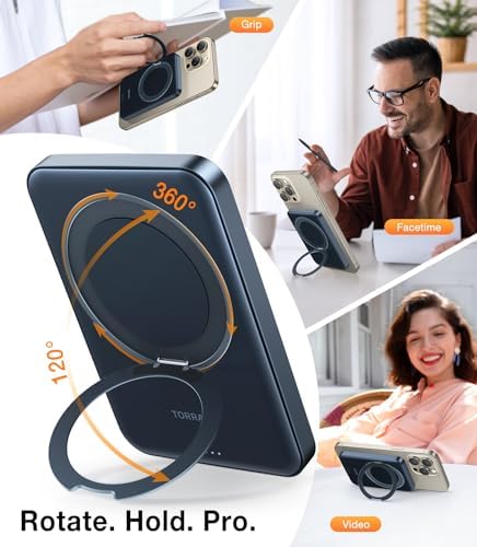 TORRAS 5,000 m Ah Magnetic Power Bank with Integrated Stand – Ultra-Slim Wireless Charger for i Phone 15 Series & Samsung Galaxy S24 Ultra – Fast Charging Convenience for On-the-Go Power Needs – Lightweight & Durable Design for Effortless Portability