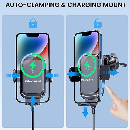 Effortless Driving with 15 W Fast Wireless Car Charger Mount – Universal Auto-Clamping Phone Holder for i Phone & Samsung – Dashboard & Air Vent Compatibility for Stress-Free Charging on the Go – Durable and Stylish Design for Modern Vehicles