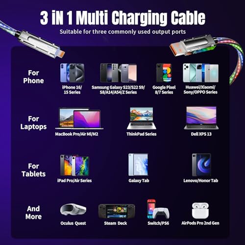 100W USB C Multi Charging Cable,3 in 1 USB C Cable Fast Charging with E-Mark Chip,Universal Charging Cable with Type-C, Micro USB,IP Port for iPhone16/15/Cell Phones and More – Enhanced Compatibility and Speed