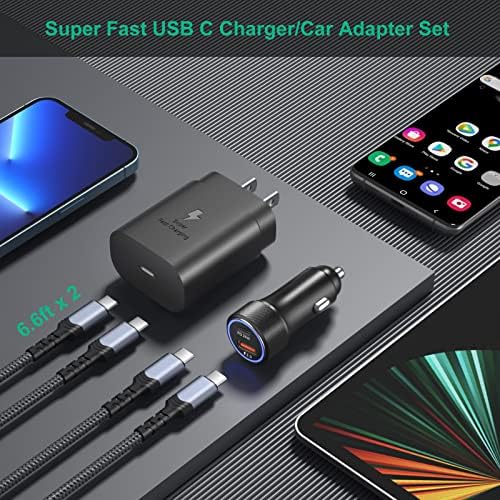 Bangfun 25 W Dual-Port USB-C Car Charger with 2 x 6.6 ft Cables – Ultra-Fast Charging for Samsung Galaxy S24/S23/S22/S21/S20 FE – Compact, Reliable, and Versatile Power Solution for On-the-Go Devices