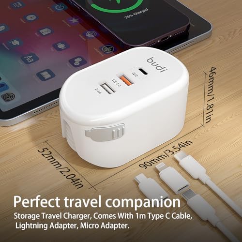 BUDI 33 W Ultra-Slim Travel Wall Charger – Dual USB Fast Charging Adapter for Mac Book, i Pad, i Phone, Samsung Galaxy & More – Compact Design with Advanced Safety Features for Effortless Device Charging