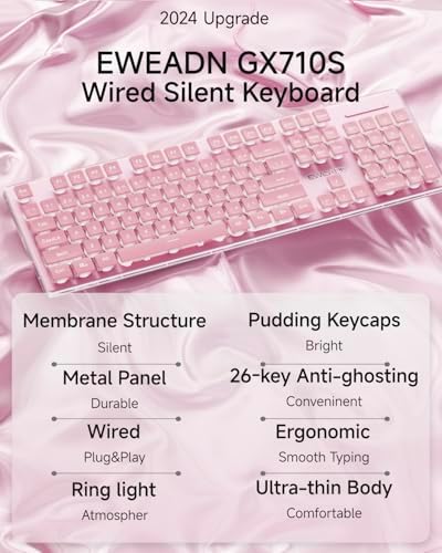 Transform Your Typing Experience with the EWEADN GX710 S White Backlit Wired USB Keyboard – Ergonomic, Quiet, and Crafted for Performance! Ideal for Gamers and Professionals, Featuring Elegant Metal Panel and Pudding Keycaps for Sleek Style. Enjoy Effortless Plug-and-Play Setup and Perfect Compatibility with Windows PCs and Laptops. Illuminate Your Workspace with Brilliant White LED Backlighting for Enhanced Visibility in Low Light. Durable Design Ensures Longevity, While Whisper-Quiet Keystrokes Create a Focused Environment. Upgrade Your Productivity and Comfort Today with this Full-Size, Modern Keyboard – The Ultimate Choice for Efficient Typing, Gaming, and Everyday Use!