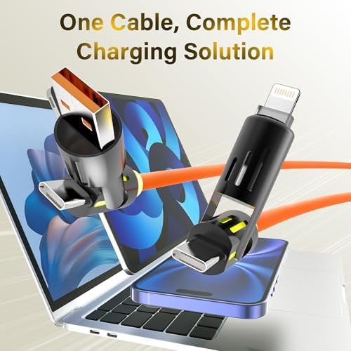Universal 4-in-1 USB Charging Cable for Lightning, USB A & Type C Devices – 240 W Fast Charging Solution for i Phone 16/15/14/13, i Pad, Samsung Galaxy, Mac Book – Durable Tangle-Free Design for Effortless Power Delivery Anywhere