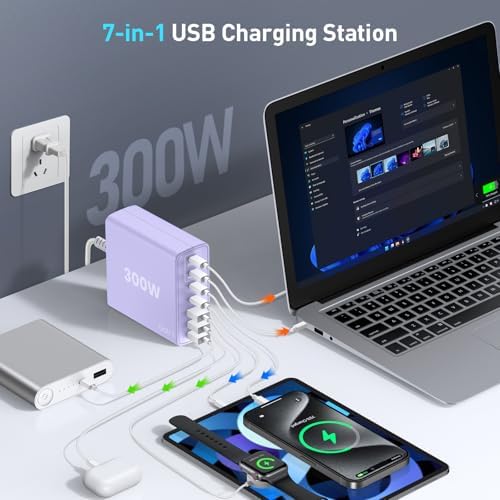Power Up Efficiently: 300 W 7-Port USB-C Fast Charger Station – Dual PPS PD 100 W Laptop Power Adapter for Multi-Device Charging – Compact & Reliable Wall Hub in Blue – Perfect for Home & Office Use