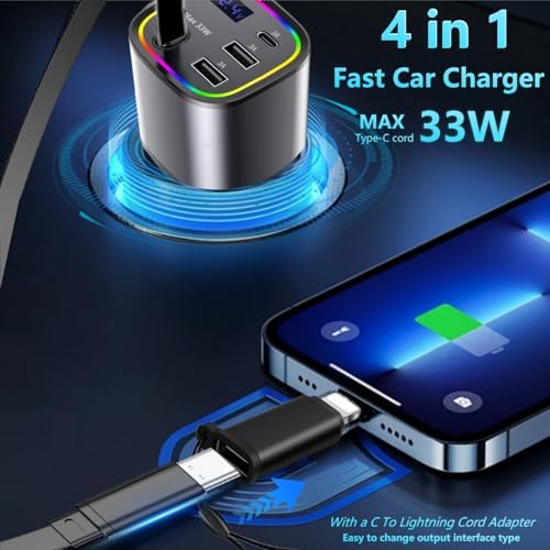 Ultimate AGEMANY 4-in-1 Retractable Car Charger: 78 W Fast Charging USB C Adapter for i Phone 16/15/14/13/12 & Android Devices, Stylish Cigarette Lighter Accessory with RGB Illumination – Perfect Gift for Tech-Savvy Drivers