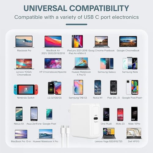 High-Performance 96 W USB-C Charger for Mac Book Air & Pro – Ultimate Compatibility with M1, M2, M3 Models & All USB-C Devices – Fast Charging Power Adapter with Smart IC Technology & 5.91 ft Type-C Cable Included – Safe, Efficient, and Reliable Laptop Charging Solution
