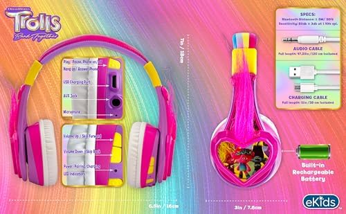Trolls-Inspired Kids Bluetooth Headphones – Foldable Over-Ear Design with Safe Volume Limiting & Built-In Microphone for Hands-Free Learning and Calls – Ideal for School, Travel, and Home Use with Universal Device Compatibility