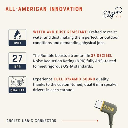 Elgin Rumble Industrial Earplug Headphones – OSHA Compliant Noise-Isolating In-Ear Earbuds with 27 d B NRR, Waterproof IP67 Rating, Integrated Mic for Hands-Free Calls, 3.5 mm Jack for Universal Device Compatibility – Premium Hearing Protection for Noisy Work Environments