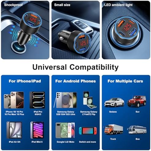 Rapid Charge 2-Pack: 65 W Multi-Port USB C Car Charger with Built-in Volt Meter for i Phone, Samsung & Android – Enhanced Fast Charging & Compatibility for On-the-Go Power Solutions