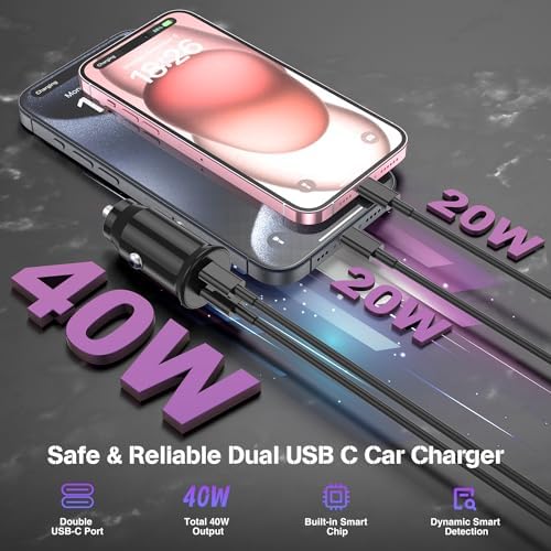 Dual-Port 45 W USB C Car Charger Adapter for Apple Devices – MFi Certified Fast Charger with 3 ft Lightning Cable (Pack of 2) – Rapid Charging for i Phone 14/13/12/11 Pro Max, i Pad, and Air Pods – Durable & Portable Power Solution for On-the-Go Lifestyle