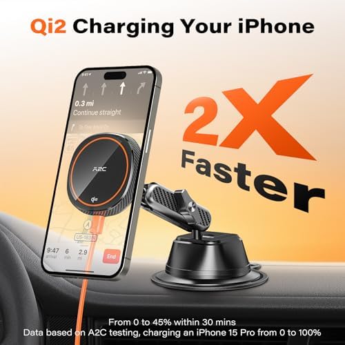 Effortless Driving with A2 C Qi2 15 W Wireless Charger – Magnetic Suction Cup Car Mount for i Phone 16/15/14/13/12, Adjustable Aluminum Arm for Optimal Viewing, Fast Charging, Windshield/Dashboard Compatibility – Ultimate Convenience and Style for Modern Drivers