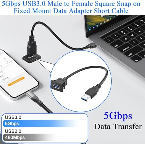 QIANRENON USB3.0 Snap-On Mount Adapter: 5 Gbps High-Speed Extension Cable for Dashboards, 30 cm Flush Connector with 5 V/2 A Charging – Perfect for Clean Installations and Enhanced Device Compatibility