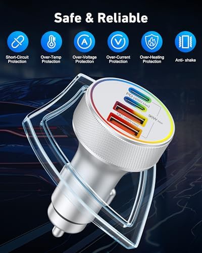 90 W 4-Port USB C Car Charger with 6 FT Coiled Cable – Super Fast Charging for i Phone 16/16 e/15 Pro Max/Plus, Samsung Galaxy S25/S24, Pixel & Android Devices – Ultimate Travel Companion for Multiple Devices with Enhanced Compatibility and High-Performance Output