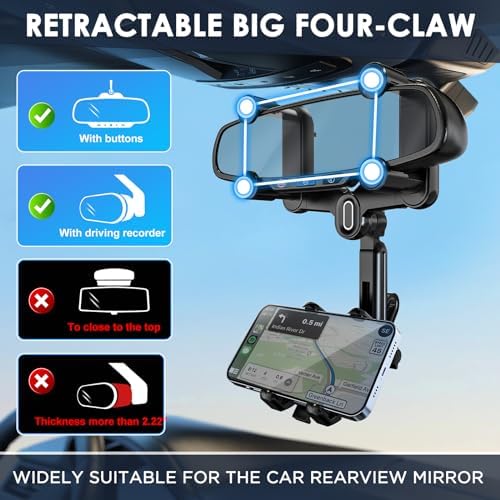 IPOW 2024 Upgraded Large Rearview Mirror Phone Holder – 360° Rotatable & Retractable Car Phone Mount with Anti-Shake Technology for Enhanced Stability & Compatibility – Ideal for Navigation and Hands-Free Communication