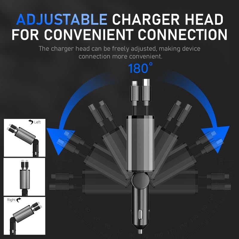 TICCI 60 W Retractable Car Charger: 4-in-1 Fast Charging Solution for i Phone 16-12, USB-C & Android Devices – Ultimate Convenience with Tangle-Free Design and Enhanced Compatibility for Road Trips and Daily Commutes