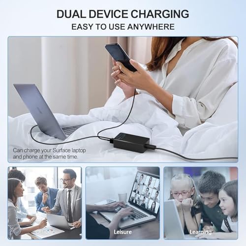High-Speed 65 W Surface Pro Charger – Universal 15 V 4 A Power Adapter for Microsoft Surface Devices – Fast Charging & USB Port for Extra Device Compatibility – Reliable Replacement for Surface Pro X/9/8/7/6/5/4/3, Surface Laptop, Surface Go, and Surface Book Series – Enhanced Safety Features & Durable Design for Long-lasting Performance