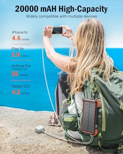 BLAVOR 20000 m Ah Solar Power Bank with 4 Built-in Cables – 20 W Fast Charging Portable Charger for i Phone 16/15/14/13/12/11, i Pad, Apple Watch & All Mobile Devices – Eco-Friendly Outdoor Power Solution with Integrated Flashlight for Ultimate Convenience